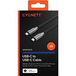 CYGNETT USB-C to USB-C Armoured 2 Metre Cable Black